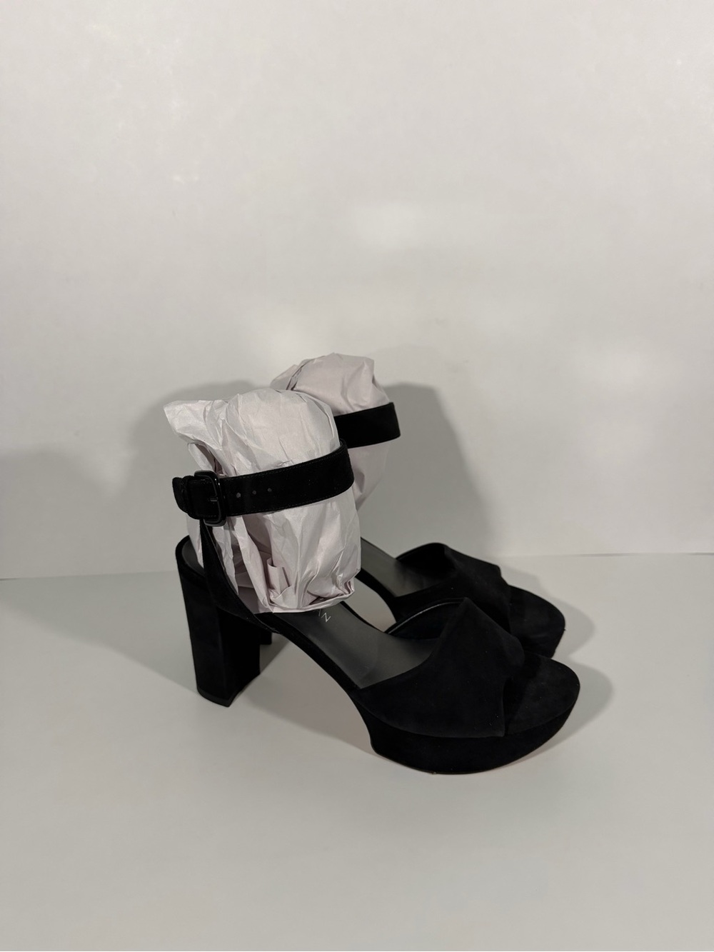 Stuart Weitzman Black Suede Platform Chunky Block Heel Ankle Strap Buckle 8.5
